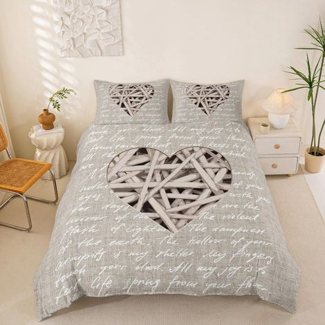 Ensemble de housse de couette imprimé coeur Beige Lettres Caractère Parure de lit pour femmes hommes couple amoureux belle housse de couette 200x200cm microfibre, couleur bois naturel 3 pièces - 200x2 (1/5)