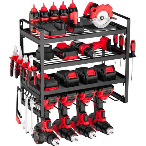 Organizador de herramientas de pared VEVOR, estante de 4 niveles, 4 soportes para taladros, estante para herramientas, garaje, banco de trabajo, almacenamiento de taller, negro, 4 ranuras (1/2)
