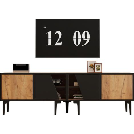 Meuble TV 4-Compartiments-Bas-7 Pieds-Design Moderne-Minimaliste-65 Pouces-Couleur Bois Naturel-160x36,5x45cm (1/5)