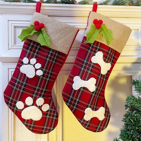 Chaussette de Noël de 47 cm avec décorations en forme de pattes, pour cheminée (2 pièces) (1/2)