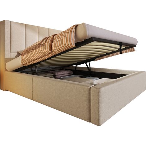 Lit capitonné 90x200 avec porte-gobelet caché et station charge, lit hydraulique rangement sous lit, sommier inclus, lin beige, matelas non inclus, gain de place (1/5)