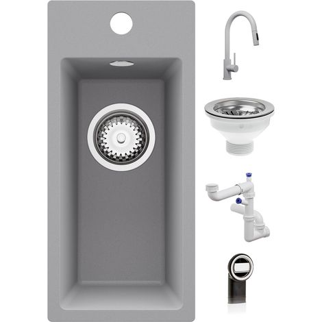 PRIMAGRAN Evier Cuisine en Granit 23x50cm,Lavabo 1 Bac + Robinet 40x20cm + Kit de Vidage, Évier à Encastrer au Meuble 25cm - Riga, Gris (1/5)