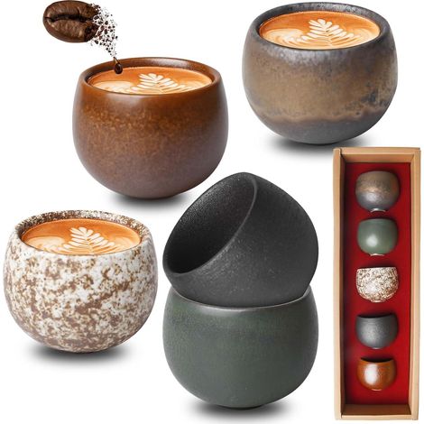 Set di 5 tazzine da caffè espresso in ceramica - 50 ml - Parete spessa - Senza manico - Terracotta - Ideali per espresso, moka, tè, regalo per donne e uomini (1/5)