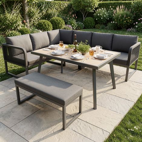 URBAN MEUBLE Salon De Jardin Modulable 6-8 Personnes En Rotin Pe Gris Et Table Et Banc, Coussins Épais