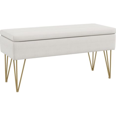 Banc banquette coffre de rangement 2 en 1 en tissu avec pieds épingle en acier doré 100 x 40 x 49 cm crème