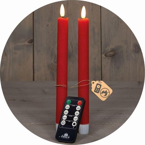 Bougies coniques LED Novaliv avec minuterie ROUGE Pack de 2 pour l'intérieur avec minuterie de 6 heures - VRAIE CIRE Hauteur de 18 cm pour les