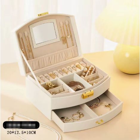 Boîte à bijoux, boîte à bijoux à 2 niveaux, boîte à bijoux, boîte à bijoux avec tiroirs, pour bijoux pour colliers, boucles d'oreilles, bracelets et bagues