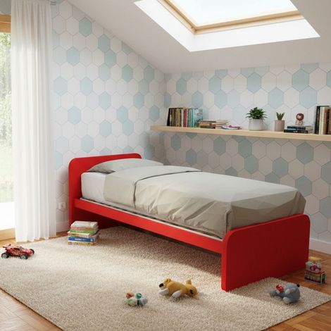 Letto singolo cameretta 80x190 con rete a doghe in acciaio e faggio - Rosso