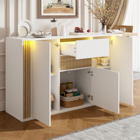 Pour Votre Maison Rangement Pratique Buffet Bas Commode 3 Portes 1 Tiroir avec Éclairage LED Bois et Blanc 140cm (1/5)