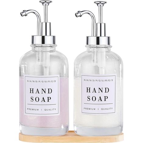 Distributeur de savon 2 pièces, ensemble de distributeur de savon pour vaisselle et mains en verre pour cuisine et salle de bain, ensemble de distributeur de savon pour les mains et de lotion'Argent'A