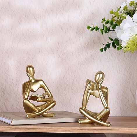 Ensemble de 2 figurines dorées - penser et lire Sculpture - art abstrait statue - Modern Minimalist decor pour Bureau, étagères et salon, décoration de table (1/5)