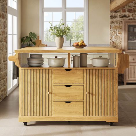 Desserte de cuisine extensible 142.5x40-80x95 cm-Plateau rabattable des 2 côtés-3 tiroirs-Roulettes verrouillables-Marron Naturel (1/5)