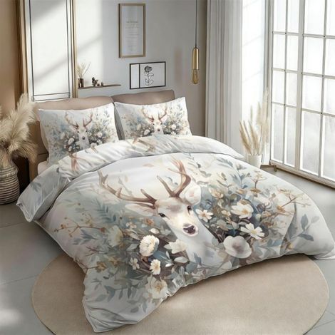 Housse De Couette - 140x200 cm - Imprimé 3D Cerf - Microfibre - Parure Lit 2 Personnes - 3 Pièces (1/5)