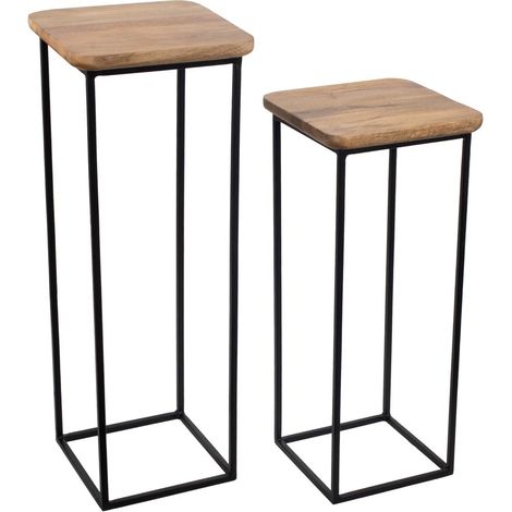 Set mit 2 Hockern aus Mangoholz und schwarzem Metall 80 cm (1/2)