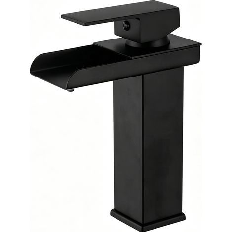 Robinet de Lavabo Cascade Noir Mat en Acier Inoxydable 304 - Mitigeur Chaud/Froid Carré avec Cartouche en Laiton (Modèle Bas - 8007B) (1/5)