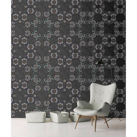 Papier peint panoramique bureau motif mandala | Tapisserie panoramique grise anthracite originale | Papier peint panoramique moderne salon - 270 x 400 cm (4 pièces) (1/5)