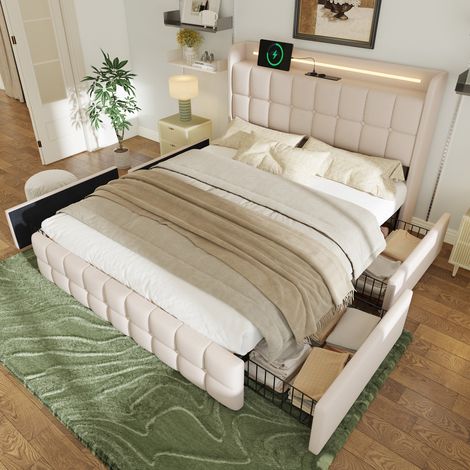 letto matrimoniale 160x200 con LED USB cassetti beige OKMYHOME (1/5)