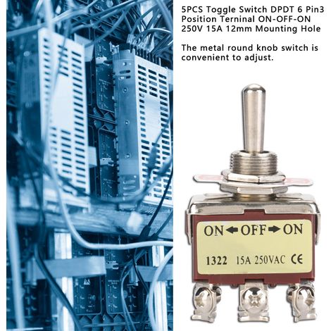 5 interrupteurs à bascule DPDT 6 pôles, 3 positions, à bouton-poussoir, marche/arrêt, 250 V, 15 A, trou de montage de 12 mm (1/5)