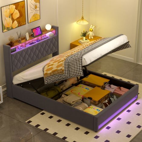 Lit coffre 160x200 avec éclairage LED, ports USB et prises électriques, lit coffre avec tête de lit et étagère, lit confortable pour chambre, gris (sans matelas) (1/5)