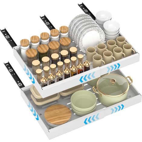 DAYONE 2 Packs Pull Out Cabinet Organizer White, Carbon Steel 32-52cm Adjustable Slide Out Drawers with Adhesive Nano Film No Drill, Under Sink Pull-Out Drawer Storage for Kitchen (1/5)
