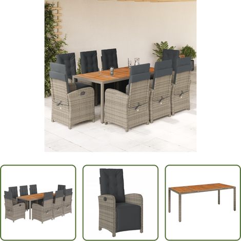 Gartentisch - 9-tlg. Garten-Essgruppe mit Kissen Grau Poly Rattan (1/5)