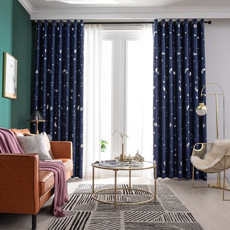 Tenda a due pezzi con stelle e luna color argento caldo, tessuto completamente oscurante, ideale per camera da letto e soggiorno, con proprietà di isolamento termico e oscuramento. (1/5)