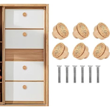 6 boutons de meubles en rotin - Pour tiroirs et tiroirs - Avec vis - Boutons ronds en bois pour commode, meubles, armoire, tiroir - 40 x 30 mm (1/5)