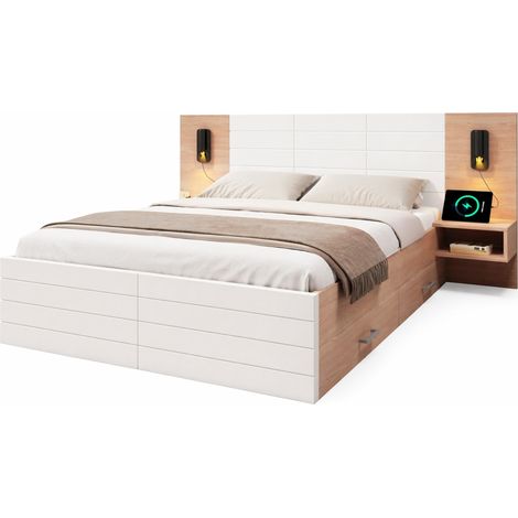 Lit double 140x200 avec 2 tiroirs, lampe de lecture 360°, port USB, 2 chevets intégrés, sommier à lattes, blanc et bois clair, design moderne - CHICFURN (1/5)
