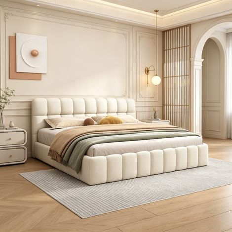 Lit double 160x200 - Rembourré - Dossier moelleux - Lin beige – adapté aux adultes et adolescents - 250 kg max (1/5)