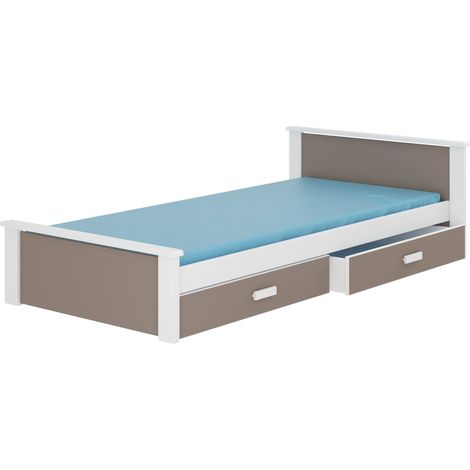 Lit enfant bois pin blanc et bois taupe 90x200 avec 2 tiroirs de rangement Lydia (1/4)