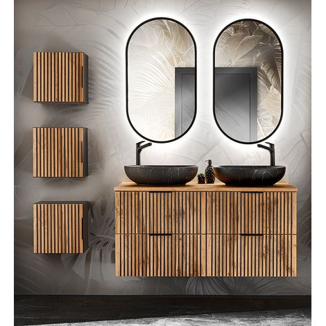 Badezimmer Set mit Hängeschränken, Aufsatzbecken, LED-Spiegel XANTEN-56 in anthrazit mit Eiche Nb. schwarz gerillt, B/H/T: ca. 171/200/46,5 cm (1/5)