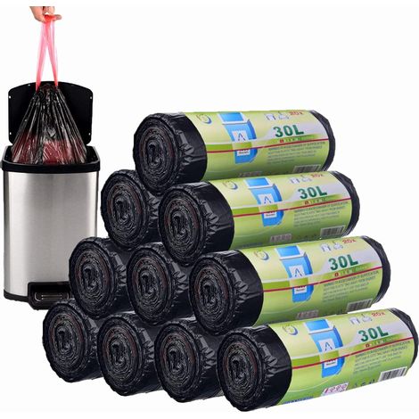 200 PCS Sacs Poubelle 30L avec Poignée Coulissants, Anti-Fuite Ultra Résistant Lot de 10 rouleaux Sac Poubelle Rectangulaire 30 litres Taille Large 62 x 54 cm Noir (1/5)