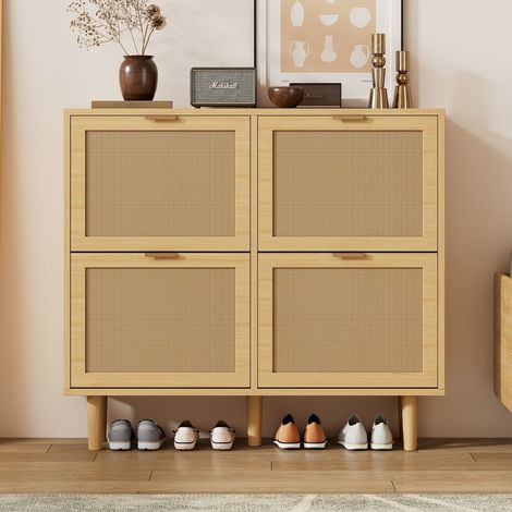 Armadio porta scarpe 100x90x25 cm in rattan con struttura rinforzata e piedi in legno, ideale per spazi ridotti, colore quercia (1/5)