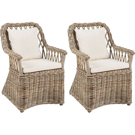 Lot de 2 Chaises de Jardin en Rotin Naturel Intérieur Extérieur Coussins Beige Clair Maros II (1/5)