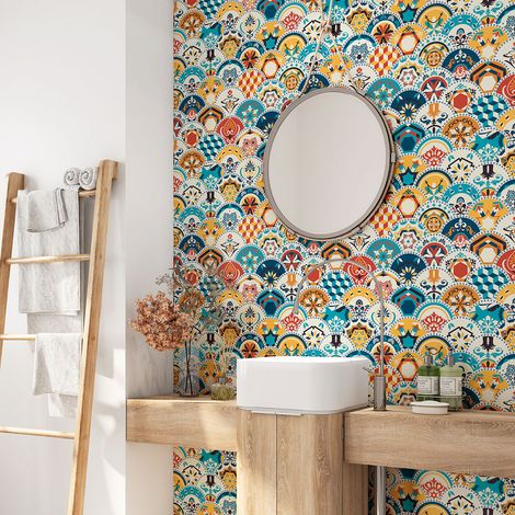 Crédence adhésive salle de bain - Motif carreaux de ciment - 60x60 cm - Adhésif BRILLANT (1/3)