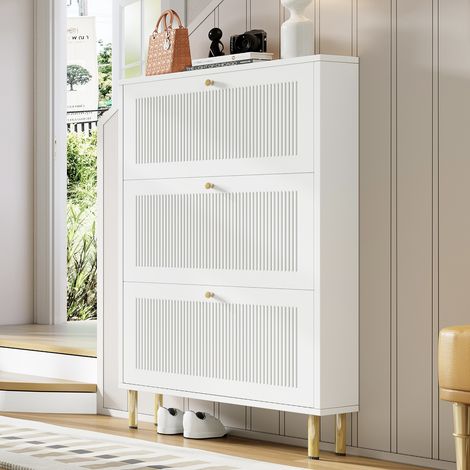 Meuble à chaussures étroit avec 3 portes battantes rainurées – meuble à chaussures avec 6 surfaces de rangement pour l’entrée, design contemporain, blanc, dimensions: B73 x T23 x H125 cm