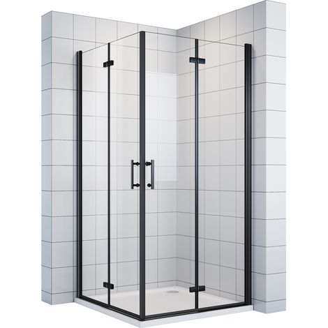 SONNI Duschkabine Eckeinstieg Faltbar 180º Falttür Duschabtrennung 6mm NANO Glas Schwarzer Aluminiumrahmen H:195cm 90x90cm (1/5)