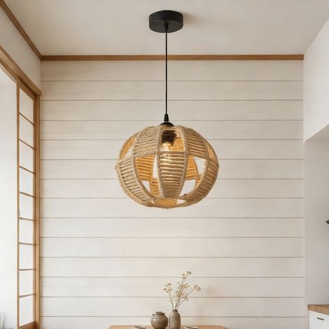 Lustre en osier avec ampoule, plafonnier en métal style wabi-sabi, suspension en corde de chanvre tressée à la main, φ30cm, lumière chaude 3000K, 15W (1/5)