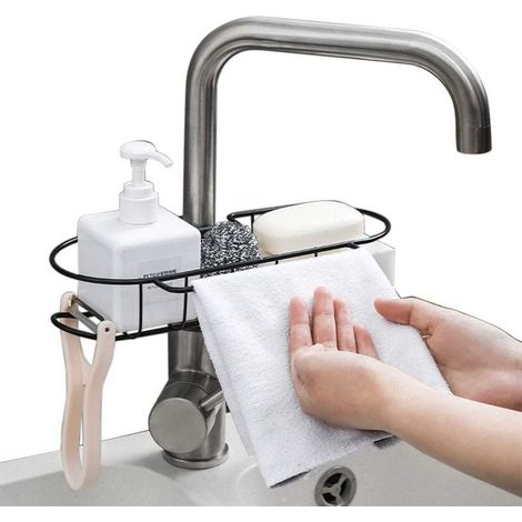 Porte-éponge de cuisine en métal organisateur de lavabo Range-panier, porte-éponge pour vaisselle, support de rangement pour robinet de cuisine pour égouttoir de liquide de cuisine (noir)-Fei Yu (1/4)