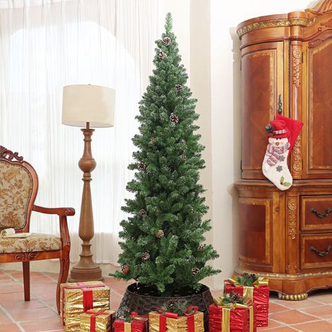 Sapin de Noël artificiel 180 cm arbre de Noël Slim avec support en acier pliable, 618 branches épines, vert (1/5)