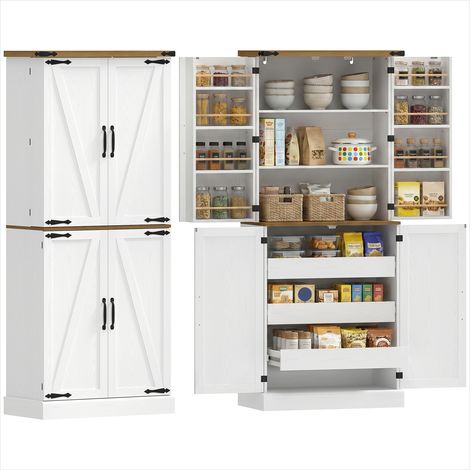 Buffet haut de cuisine blanc avec dessus effet chêne, 8 porte-épices, 4 portes, 3 tiroirs, 76x40x182 cm (1/5)
