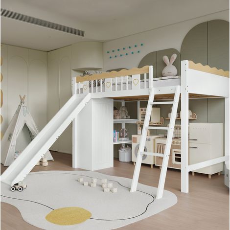 Letto a soppalco per bambini con scivolo, armadio e mobile contenitore, legno massello+MDF bianco/naturale 90x200 cm (1/5)