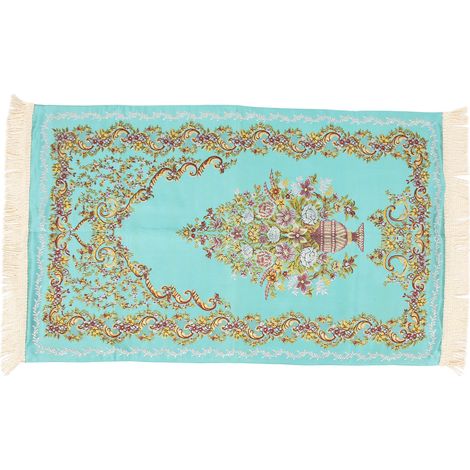 Tapis de prière double couche en polyester doux, brodé d'un vase, bleu, pour salon et couloir, tapis de pèlerinage moelleux (1/5)