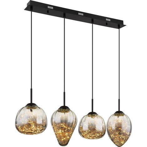 Globo – Suspension lampe suspendue LED 32W – Métal noir mat et verre fumé – Longueur 100 cm – Éclairage blanc chaud 3000K – 4 ampoules intégrées