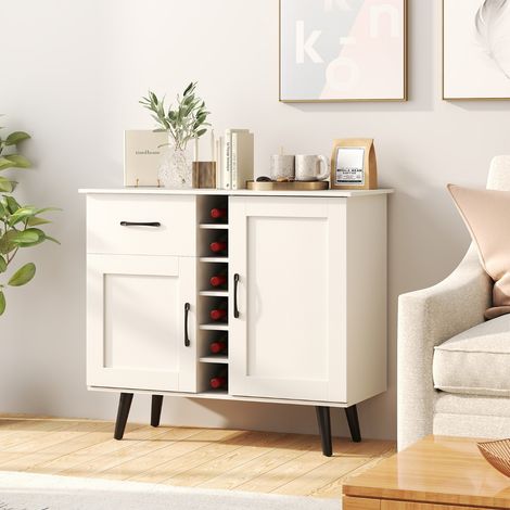 Buffet Moderne avec Casier à Vin pour 6 Bouteilles 1 Tiroir 2 Portes et 2 Etagères Réglables Meuble de Rangement d'Appoint Blanc (1/3)