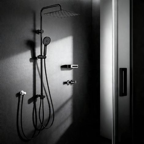 Colonne de Douche Noire sans Mitigeur, Système de Douche en Acier Inoxydable SUS304, Pommeau Pluie 30x30 cm avec Douchette, Barre Réglable en Hauteur, Installation Murale (1/5)