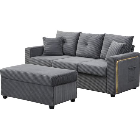 ELVMI Modulares Ecksofa 3-Sitzer mit LED-Beleuchtung, Abnehmbarem Hocker und Seitentaschen aus Cordstoff Antikgrau (1/5)