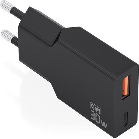 AISENS Cargador Ultra Delgado GAN 30 W, 1 x USB-C PD3.0 QC4.0, 1 x USB-A QC3.0, Negro