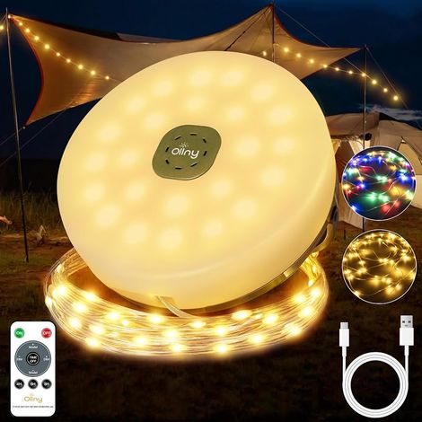 Guirlande lumineuse de camping, 20 m, 200 LED, 2 en 1, portable, rechargeable, avec 9 modes d'éclairage, minuterie, étanche, blanc chaud, multicolore, USB, pour camping, randonnée, fête (1/5)