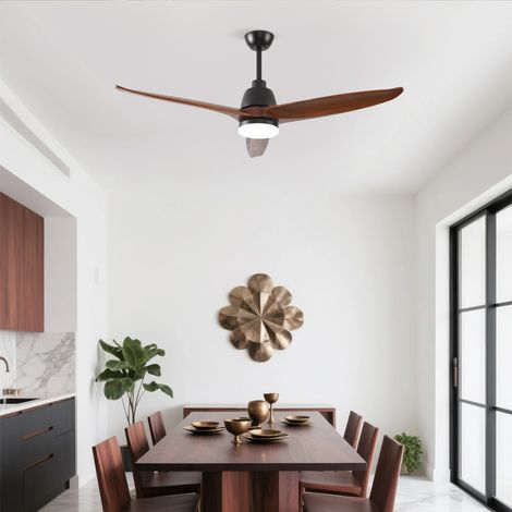 Ventilateur plafond noir moderne 132cm (52 pouces), luminaire LED 3 teintes réglables, pales bois massif, télécommande, moteur silencieux réversible, mémorisation, design chic salon. (1/5)